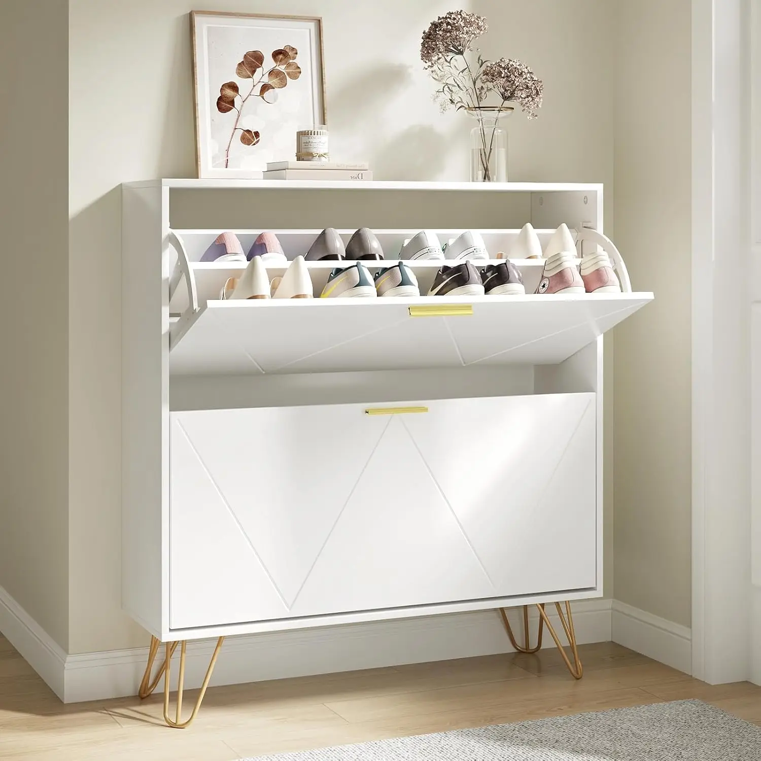 Shoe Cabinet with 2 Flip Drawers, Shoe Storage Cabinet Entryway Slim, White and Gold Narrow Shoe Cabinet w/Metal Legs, White