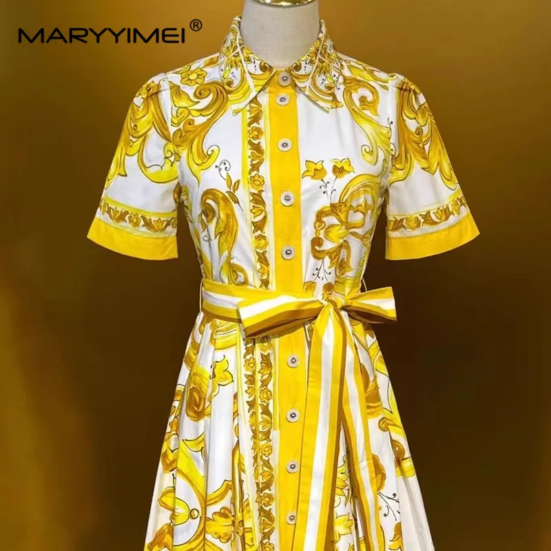 MARYYIMEI Spring Summer Women\'s Dress Turn-Down Collar Half Sleeved Single-Breasted Baroque Print Cotton Vintage Dresses