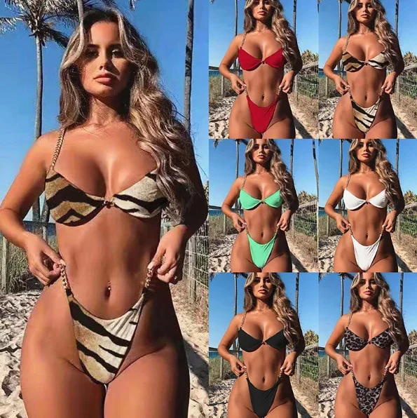 

Sexy Solid Color Two-Piece Chain Bikini with New Pin Buckle - Style 76322