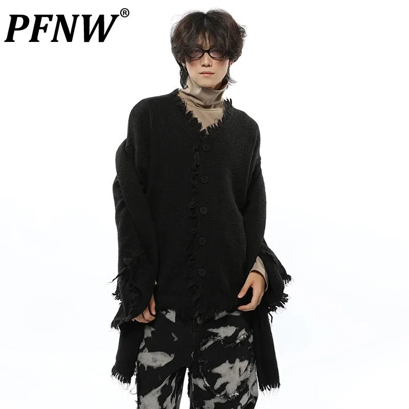 PFNW Korean Men's Rough Edge Knitted Cardigan Sweater Male V-Neck Long Sleeve Solid Color Fashion Casual Niche Tops New 28W4585