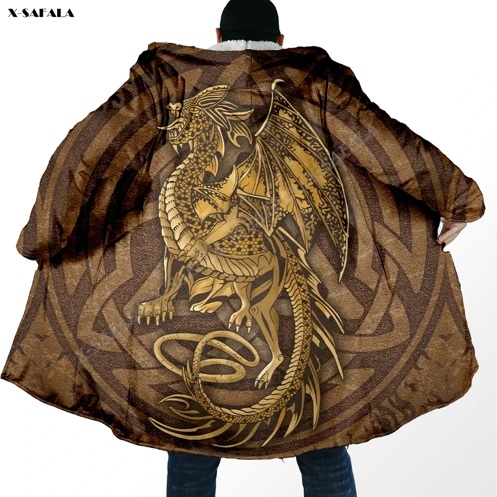 Celtic Vintage Dragon Knot 3D Printed Cloak Thick Winter Warm Hooded Blanket Coat Fleece Adult Jacket Pullover