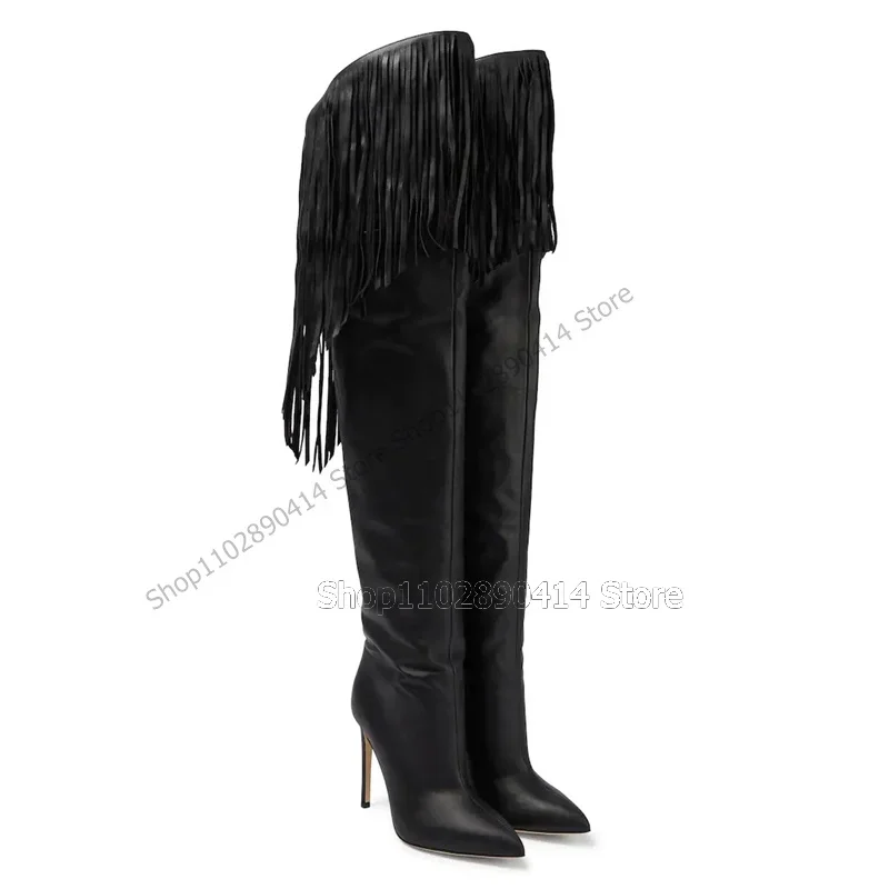 

Black Brown White Tassels Decor Pointed Toe Boots Over The Knee Women Shoes Thin High Heels Sexy Runway 2023 Zapatos Para Mujere