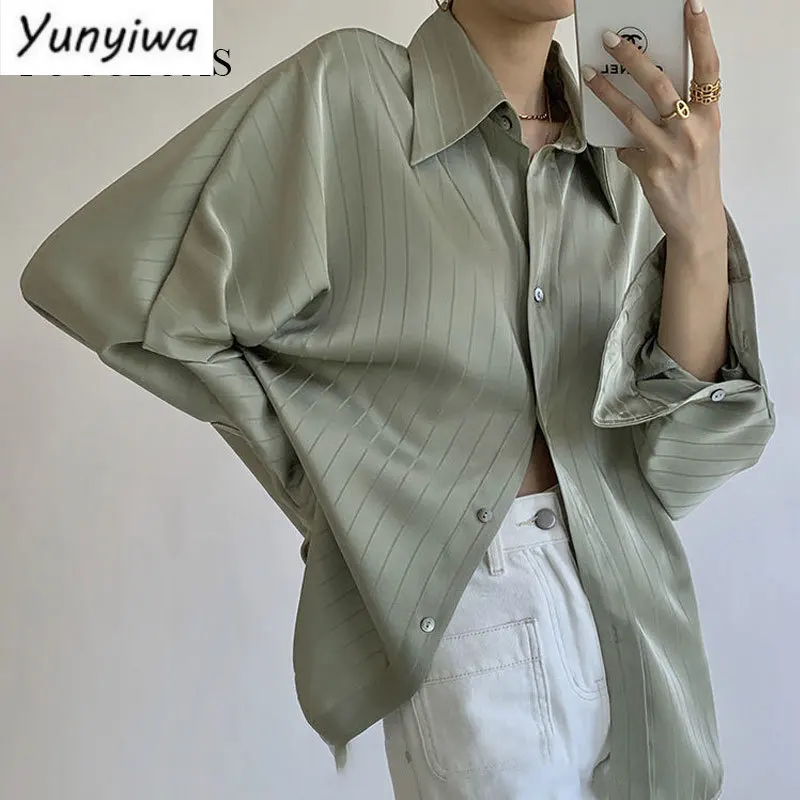 Fashion Striped Satin Silk Shirt Vintage Lapel Up Blouse Women Lady Long Sleeves Female Loose Solid Street Shirts