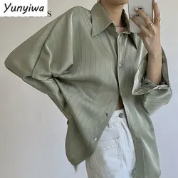 Mode Gestreepte Satijn Zijde Shirt Vintage Revers Up Blouse Vrouwen Lady Lange Mouwen Vrouwelijke Losse Effen Street Shirts