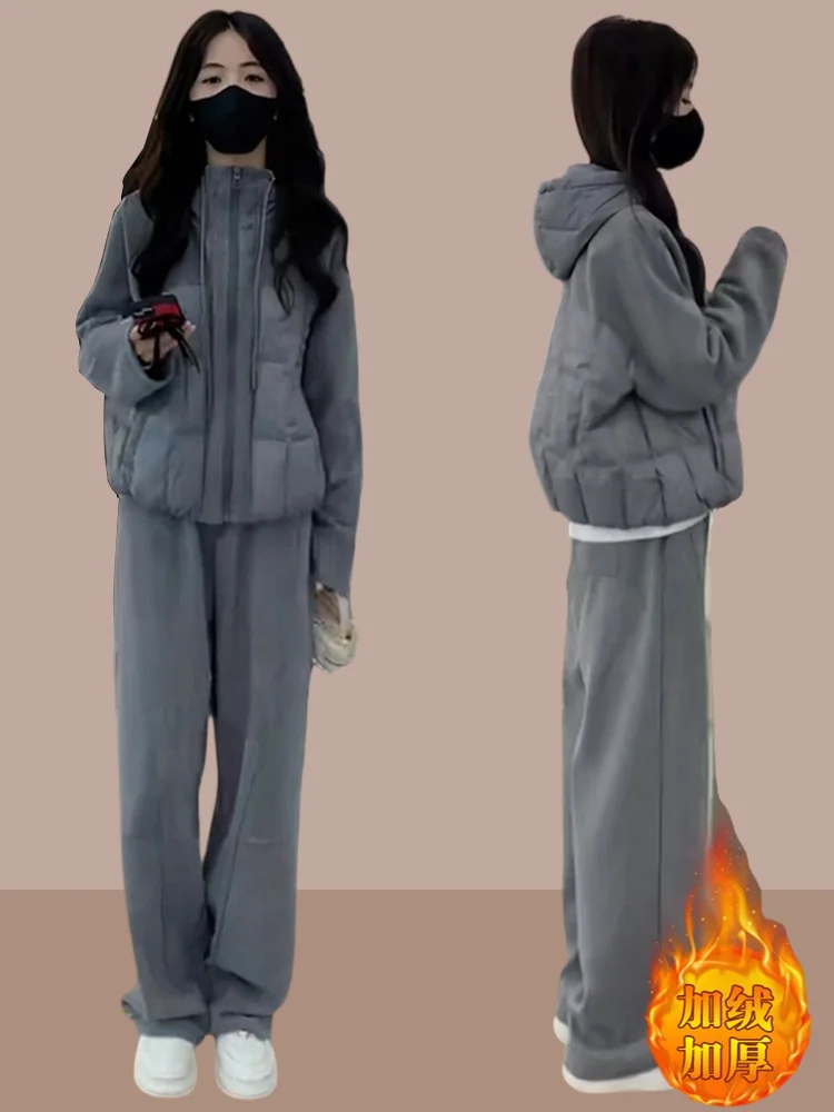 

Faionable Casual Sportswear Set Women's Autumn Winter Thiened Fce Lined Straight Leg Pants Two Piece Cotton Jaet