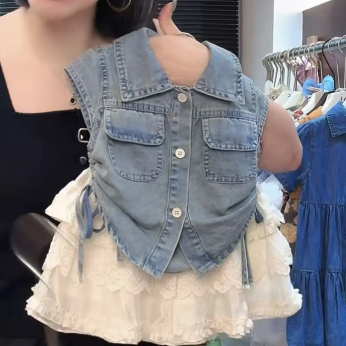 

Girls Summer Fashion Set Denim Short-Sleeved Shirt And Cake Skirt Two-Piece Children's Outfit