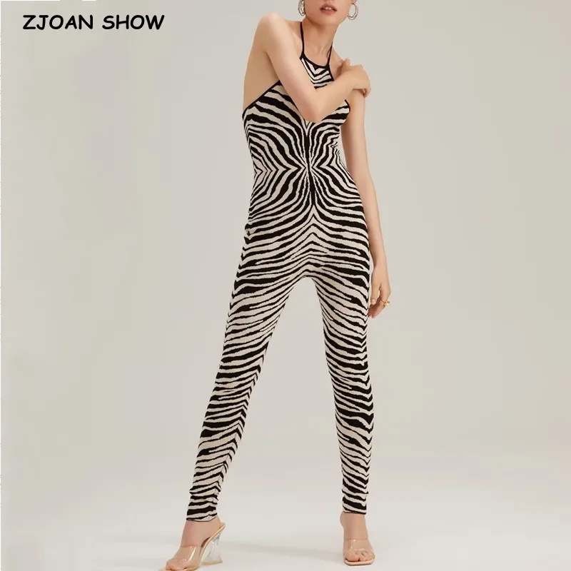 2023 Sexy Zebra Striped Knitting Halter Bodysuits Women Back Zipper Slim Waist Strech Long Pants Jumpsuits Backless Romper