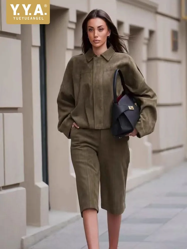 Echtes Leder Wildleder Dame Jacke Batwing Hülse Oberbekleidung Turndown Kragen Schaffell Kurze Jacken Herbst Luxus Lose Fit Mantel