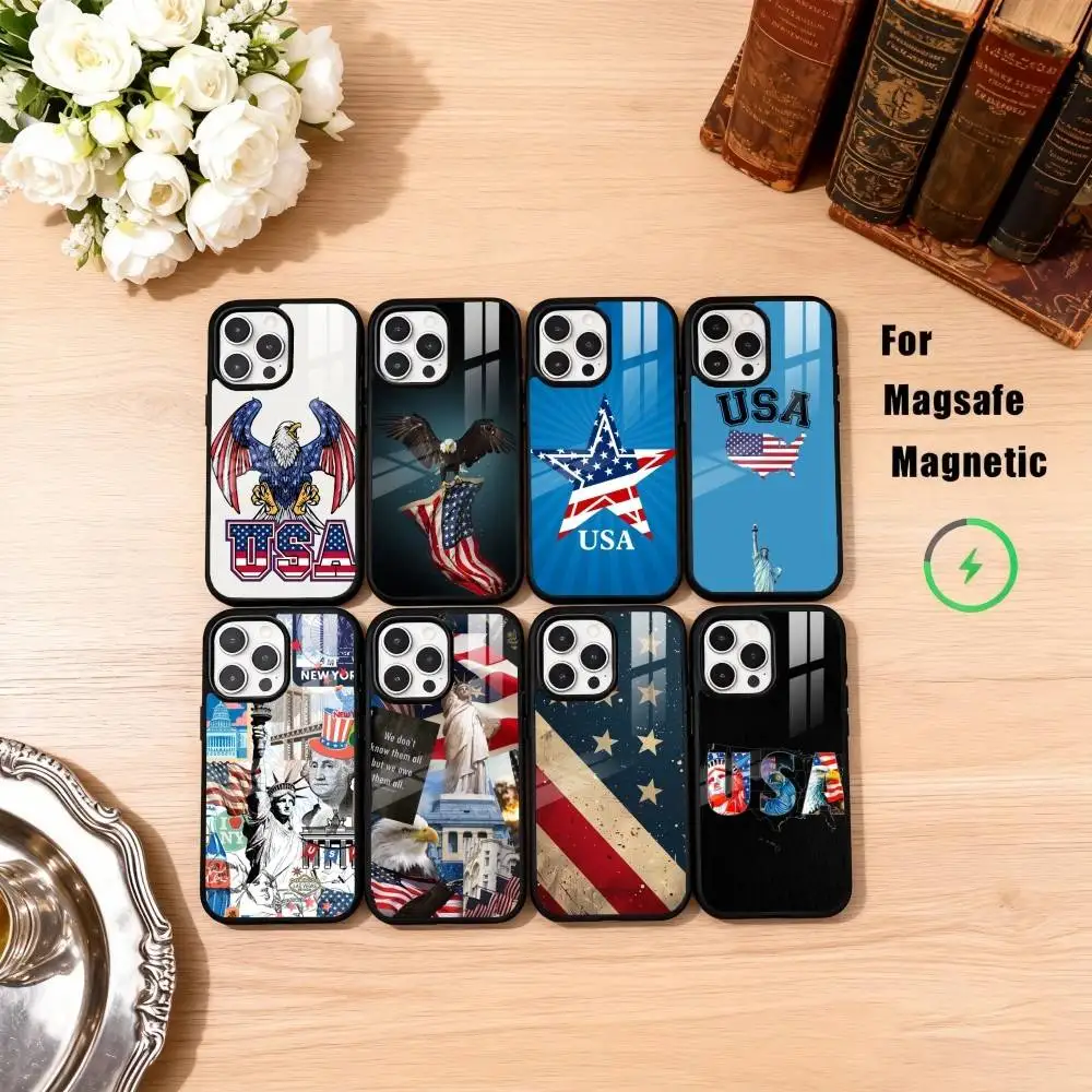 

Американский чехол для телефона с флагом США для iPhone 17,16,15,14,13,12,11 Plus, Magnetic Pro Max для беспроводной зарядки Magsafe