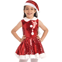 Kids Girls Christmas Santa Claus Cosplay Dress for New Year Xmas Party Gift Performance Costume Sleeveless Sequins Dress+Hat Set