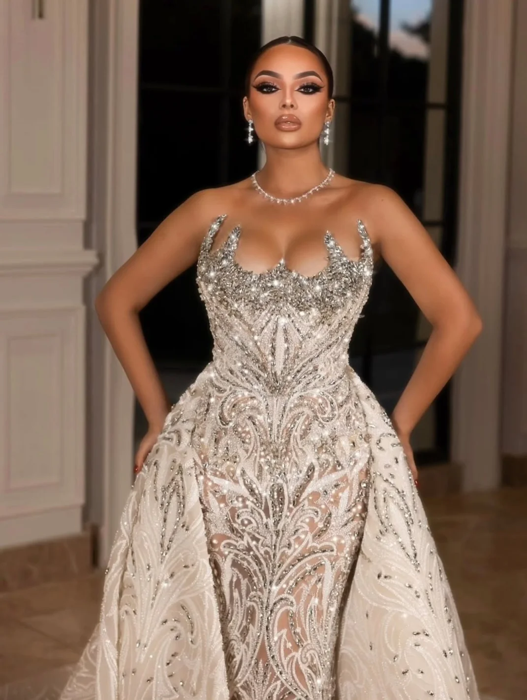 Vestido de noiva sereia de cristal vintage, sexy, sem mangas, renda, vestido de noiva com trem destacável, personalizado