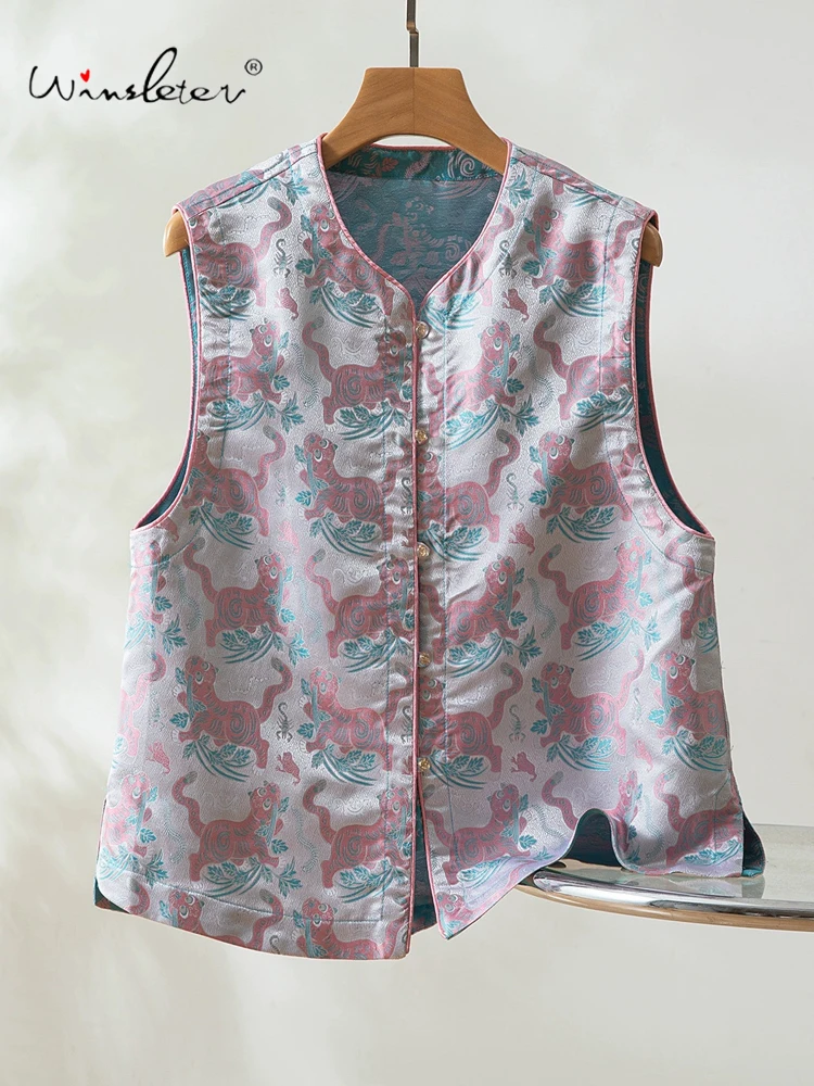 

Winsleter-100%Real Silk Song Brocade Elegant Vest Coat, O Neck Jacquard, Women Retro Commute Waistcoat, 2025 Autumn New C59667CC
