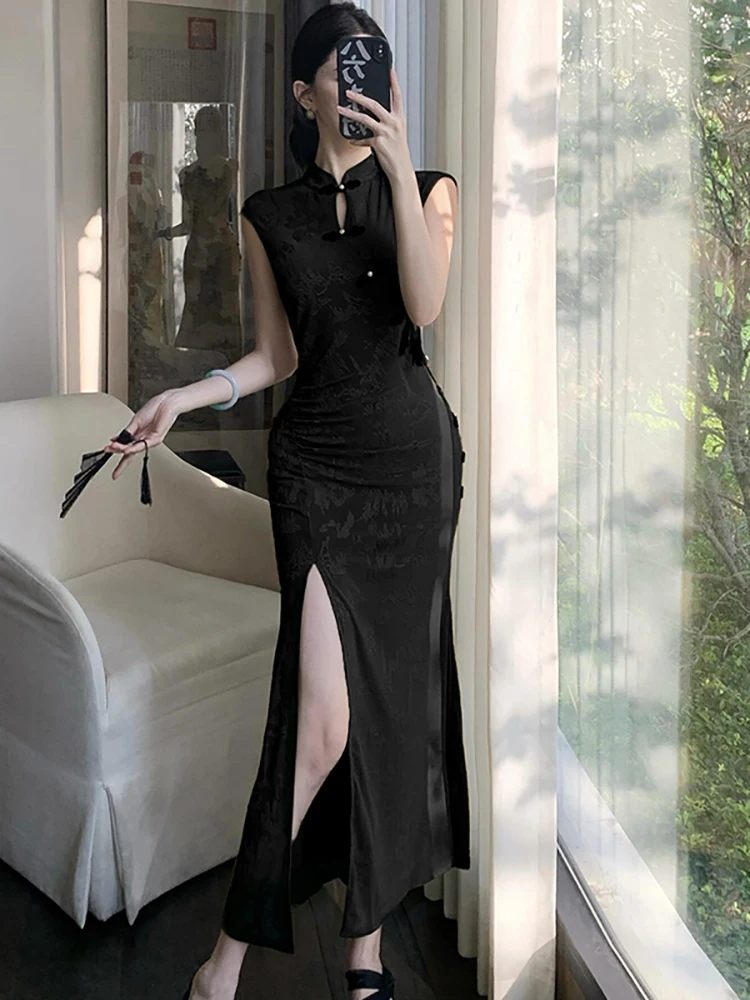 2026 Black Jacquard Stand Collar Chic Slit Sexy Long Dress Women Korean Vintage Hepburn Prom Dress Summer Elegant Luxury Dresses