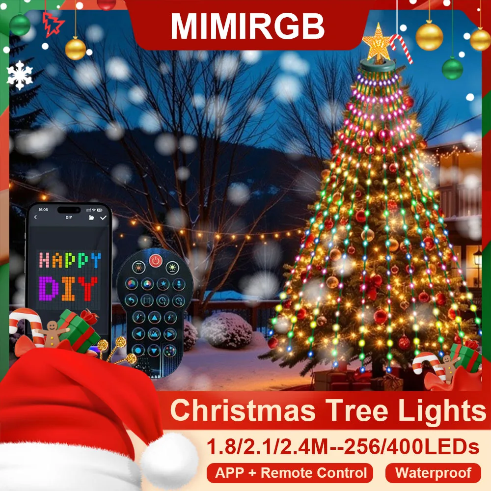 18-21m-スマートクリスマスツリーライト、トップスター＆アプリ制御付き、400個のled-rgbカラーチェンジライトストリング、クリスマスデコレーション用