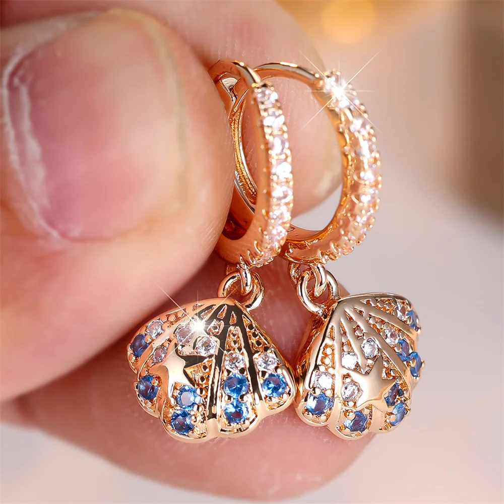 Blue Crystal White Zircon Hoop Earrings For Women Vintage Gold Color Wedding Jewelry Bride Birthday Gift