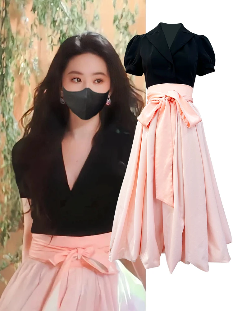 

Black Bubble Sleeve V-Neck Shirt Short Sleeve Top Pink Bowknot Puffy Skirt Flower Bud Skirt Half-length Skirt Long Skirt