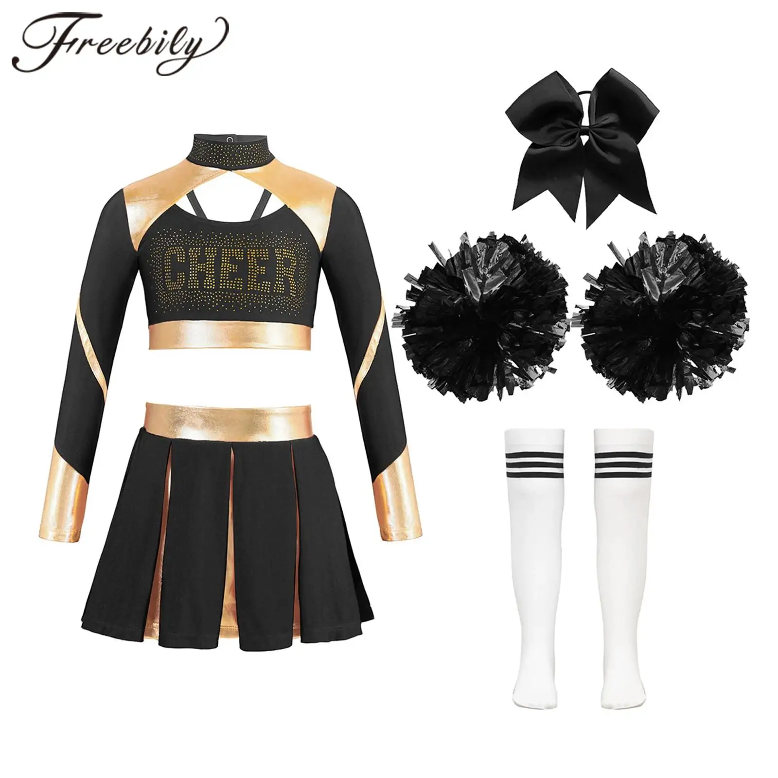 Kids Girls Cheerleader Costume Sets Cheerleading Outfit Crop Top Pleated Skirt Striped Stockings Flower Balls Cheerlead Suits