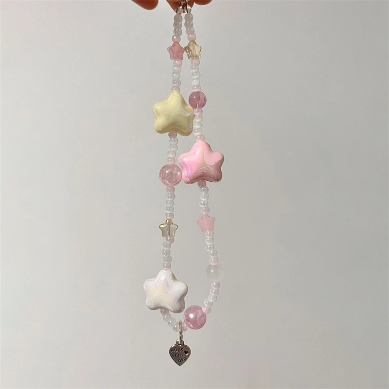 

Korean Cute 3D Pink Star Heart Beaded Phone Chain Charm Lanyard For iPhone Samsung Huawei Universal Accessories Jewelry Pendant