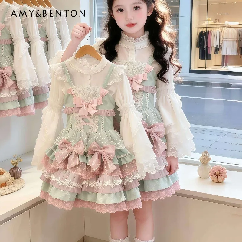 

Girls' Lolita 2-Piece Outfit Long-Sleeve and Lace Blouse Tiered Ruffle Dress Pastel Pink Green Ideal for Princess-Themed Events