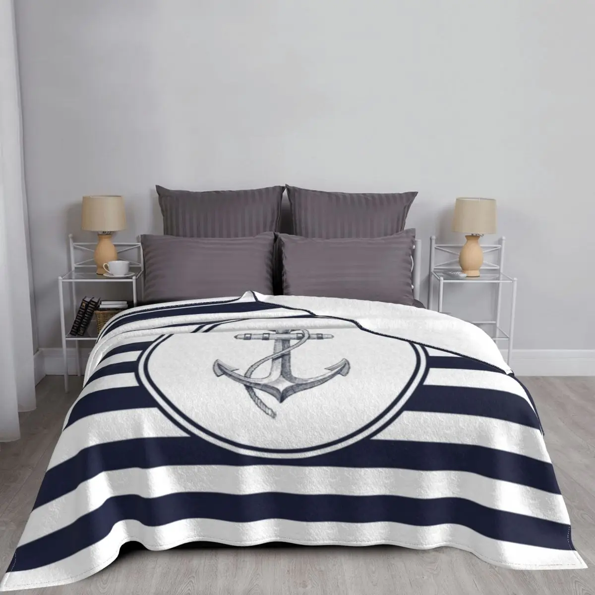 Anchor And Navy Blue Stripes Blanket Fleece Print Breathable Warm Throw Blankets for Bed Travel Plush Thin Quilt