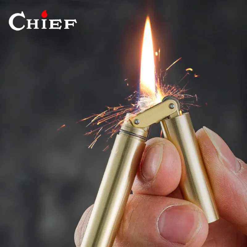 CHIEF Creative Brass Nunchaku Kerosene Lighter Outdoor Windproof Mini Retro Grinding Wheel Ignition Men's Smoking Tool Gift