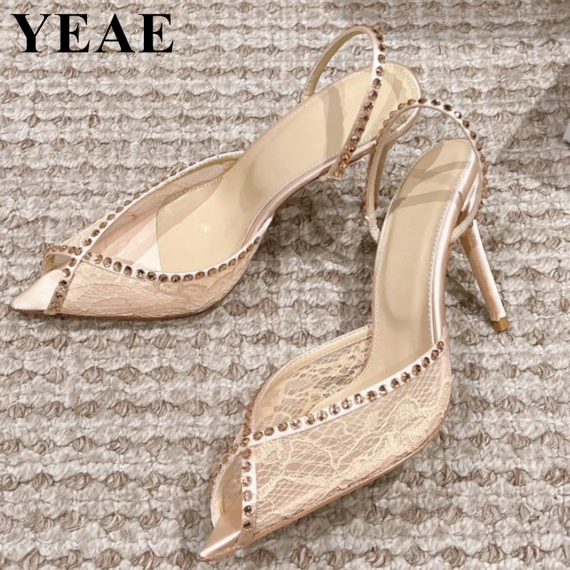 2024 Fashion Crystal High Heels Women Silk Mesh Sandals Luxury Designer Open Toe Party Shoes Ladies Back Strap Dress Pumps Women