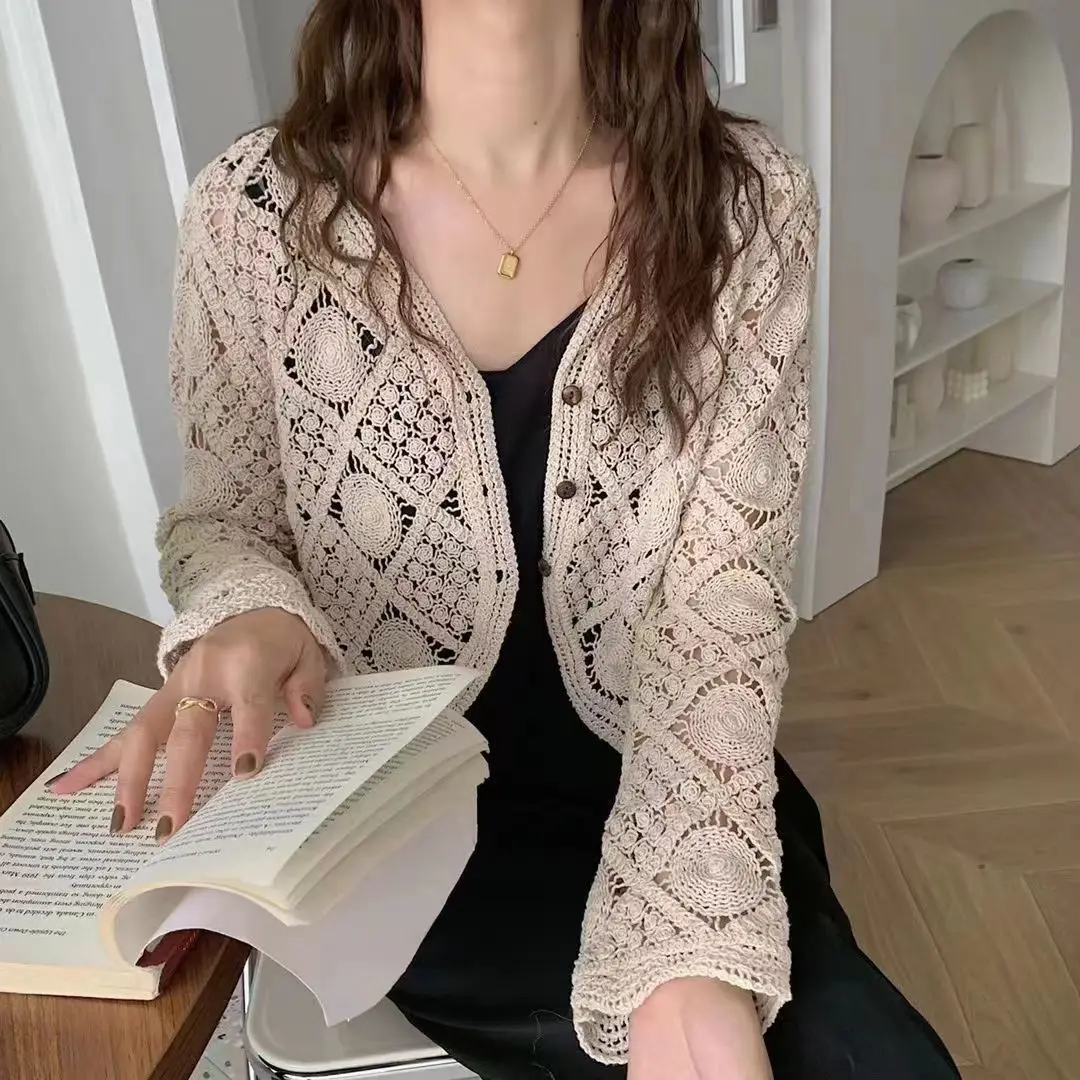 جوفاء واقية من الشمس سترة قميص أزياء مثير الربيع الصيف بلوزات من الدانتيل جديد الكورية فضفاضة طويلة الأكمام الجوف خارج بلوزة #5