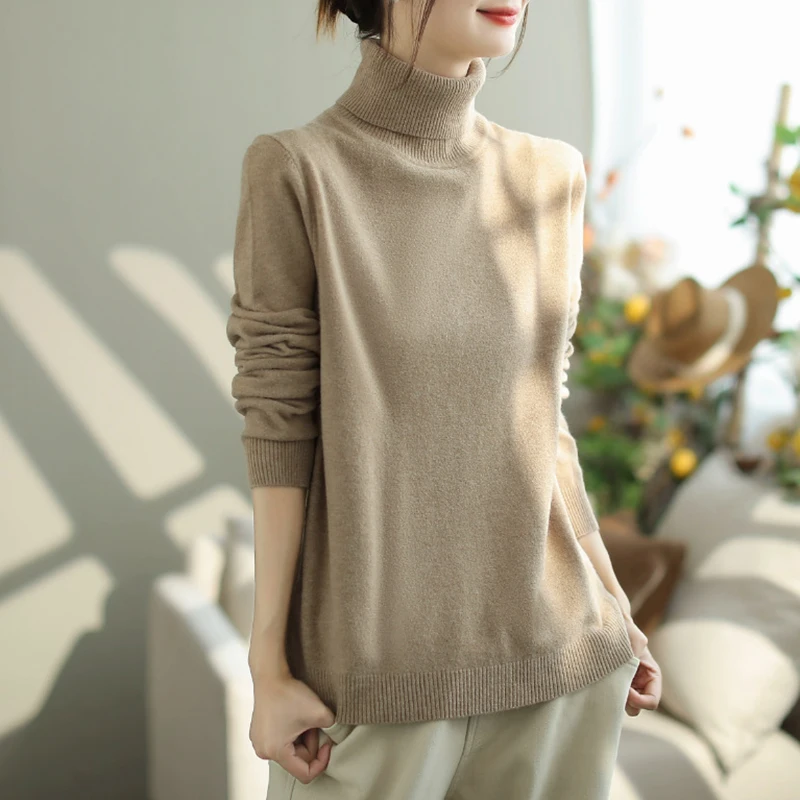 

Autumn Winter Literary Turtleneck Women Sweater Solid Color Warm Versatile Knitwear Simple Casual Office Lady Fashion Pullovers