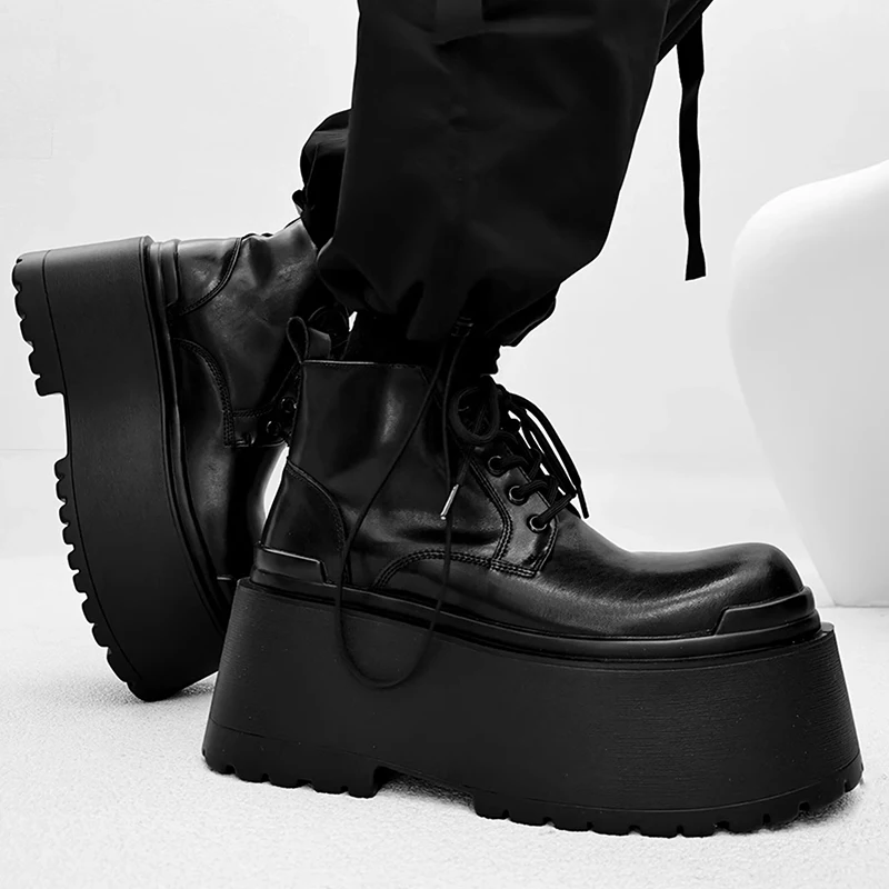 men casual high platform boots lace-up natural leather shoes stage nightclub cowboy ankle boot spring autumn stylish short botas