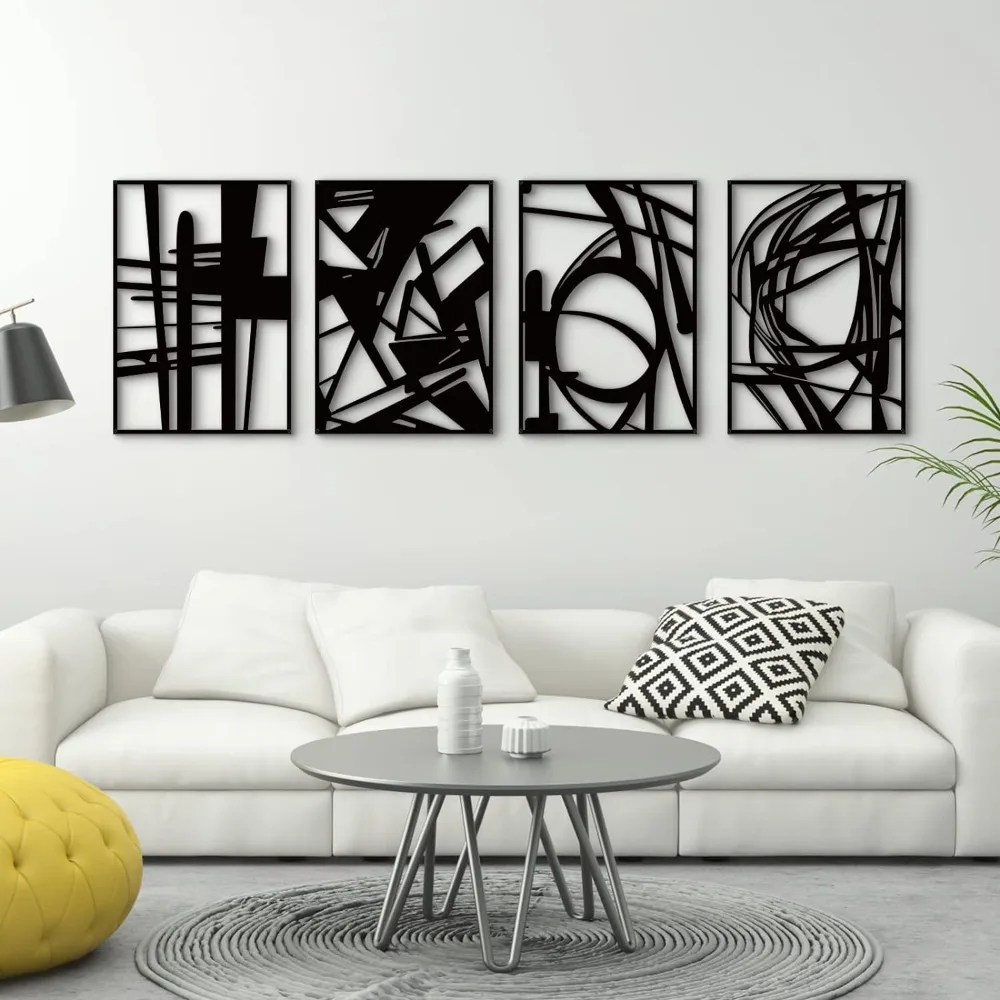 

Large 4 Pack Black Abstract Metal Wall Art, Minimalist Décor Single Line Art Wall Décor, 3D Textured Metal Wall Sculptures