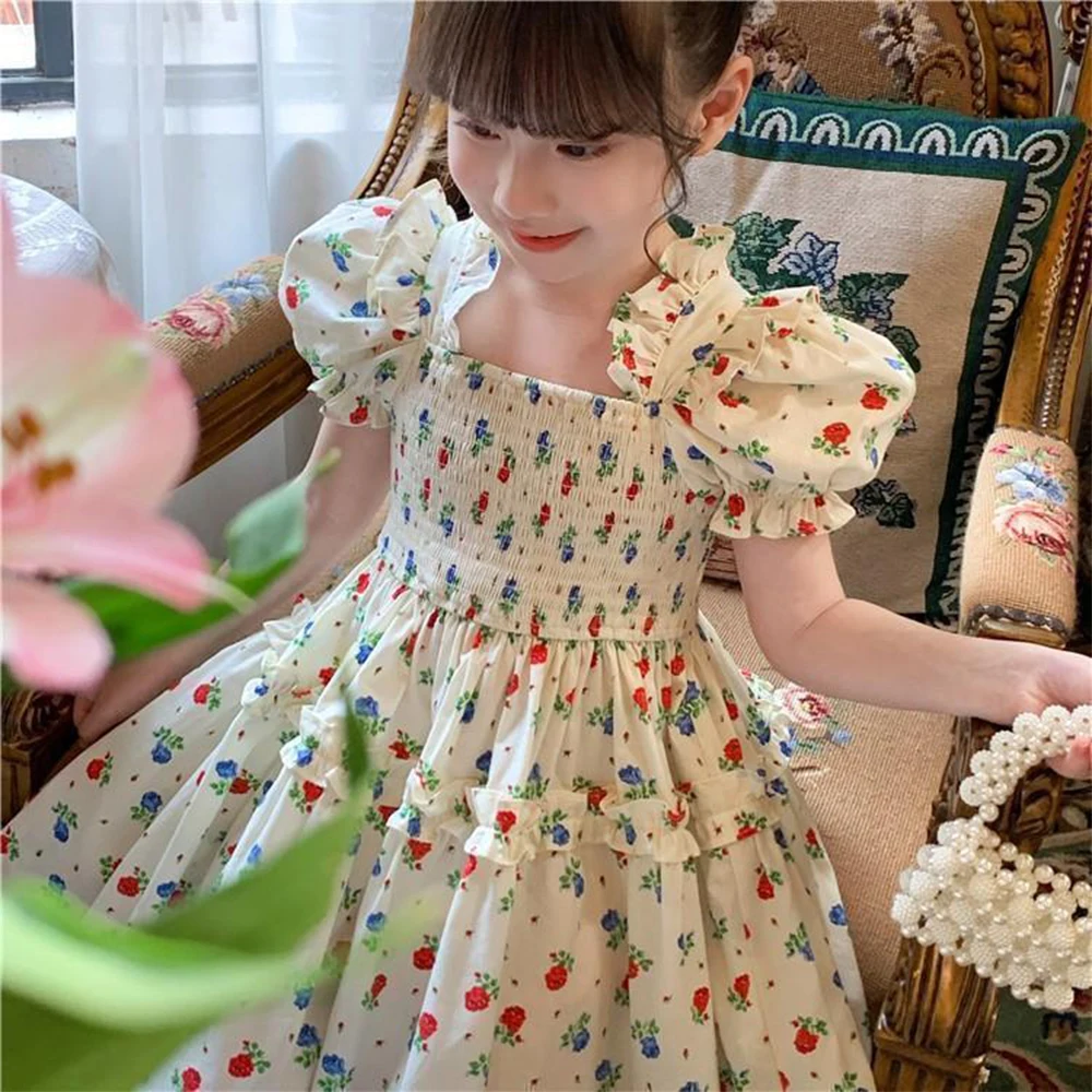 Vestido de princesa para niñas con flores dulces, Vestidos informales florales con mangas abullonadas para niñas, nueva moda coreana, ropa para niños