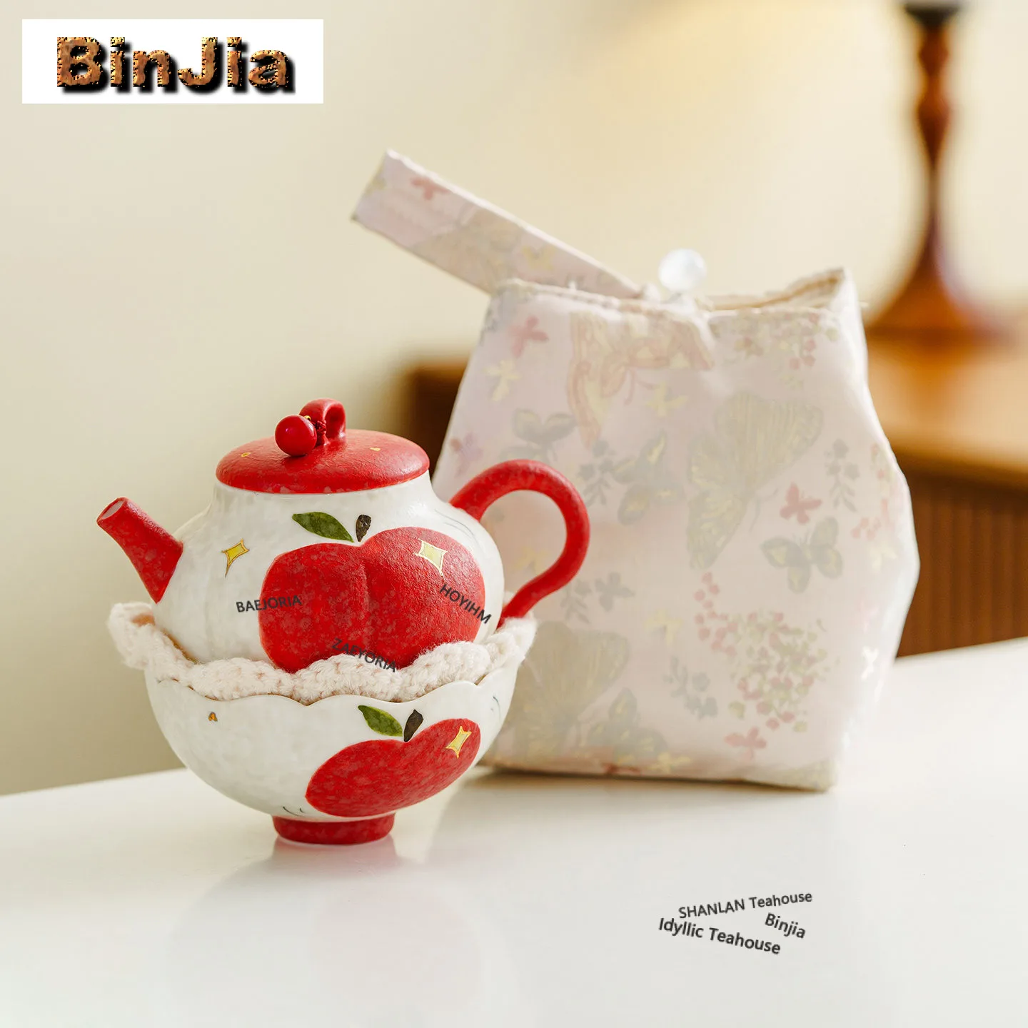 

Hand Painted Apple Travel Tea Set Kit Antique 1 Pot 3 Cups Household Tea Making Organizer Portable Camping Handbag Collection
