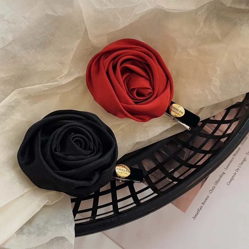 French Satin Retro Handmade Rose Barrettes Three-Dimensional Flower Side Clip Bangs Clip Headdress Cropped Hair Clip Women