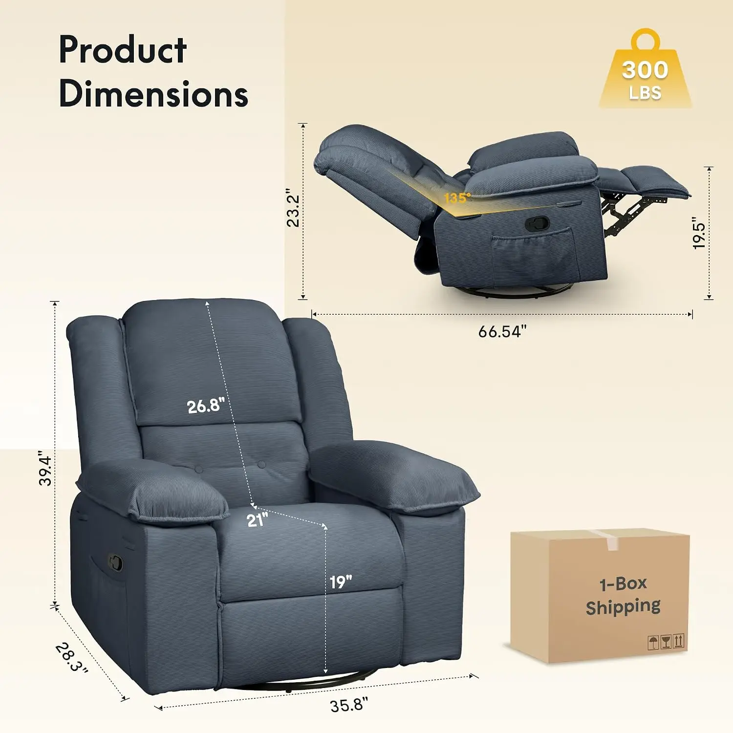 Swivel Rocker Recliner with Massage & Heat, 360° Manual Glider with Side Pocket, Compact Living Room Chair, Customized