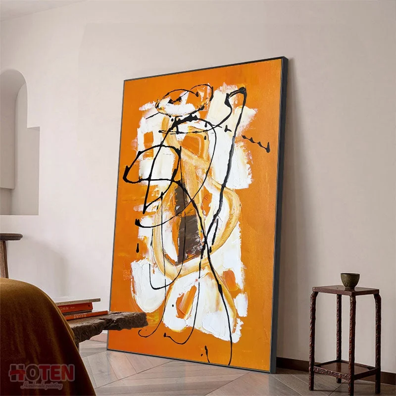 

Modern Simple Original Vibrant Orange Black White Hand-painted Texture Thick Oil Abstract Living Room Wall Art