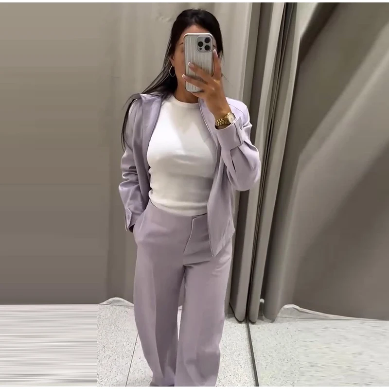 Damen-Hosenanzüge mit Rollkragen-Langarmjacken, Reißverschluss-Mänteln, Midi-Ballonhosen, Herbst-Outfits für Frauen, Einfarbig und Locker Geschnitten, Neu – Detail 8