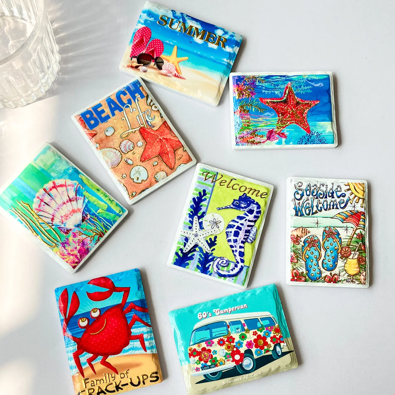 Ocean Series Fridge Magnets Ceramic Refrigerator Sticker Summer Starfish Bus Beach Pattern Bronzing Process Home Decoration