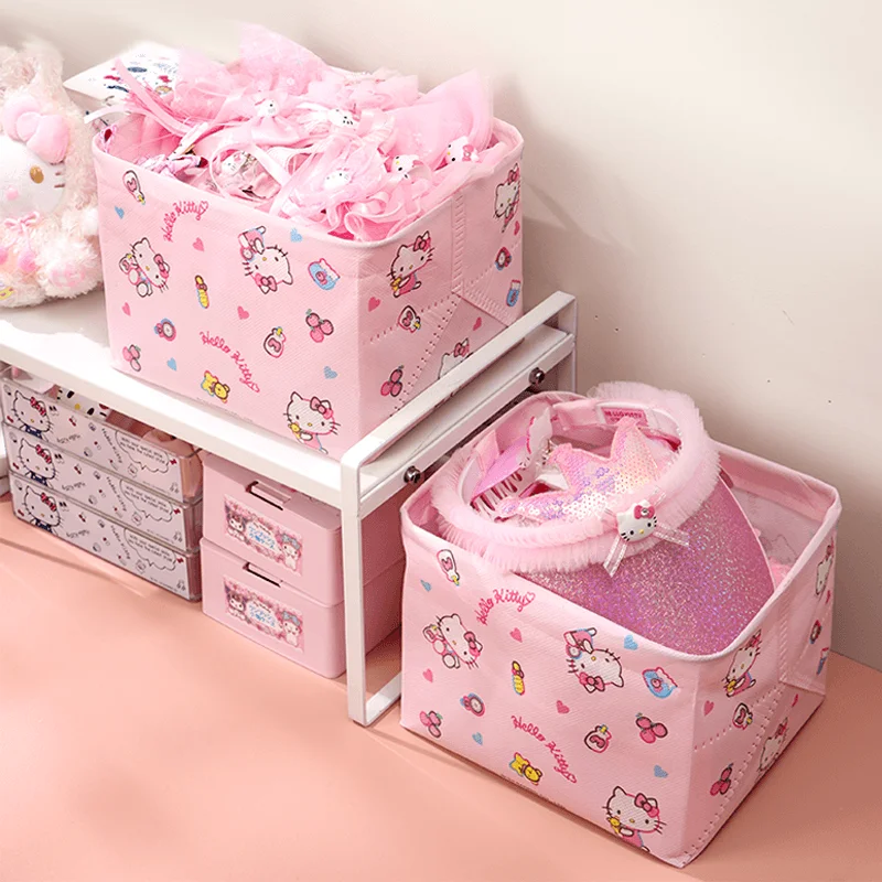 3 יחידות סל אחסון מתקפל לילדים של סאנריו, קיטי הלו קרטון חמוד, סטודנט דורמיטורי, ציוד כתיבה, תיבת אחסון לראש