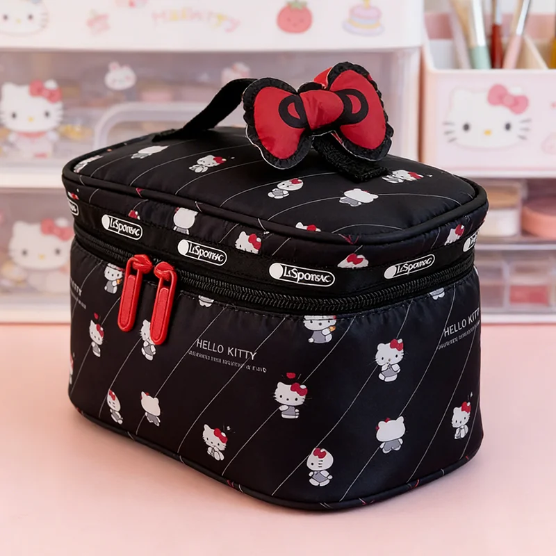 Bolsa de maquiagem preta da Hello Kitty, bolsa de higiene pessoal de viagem de grande capacidade, bolsa de cosméticos portátil, presente para meninas