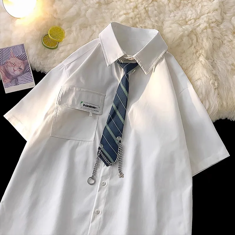 Pure White College Style Men's Short Sleeve Shirt Trendy Brand High End Feeling Summer Fashionable Casual Loose Fit Shirt