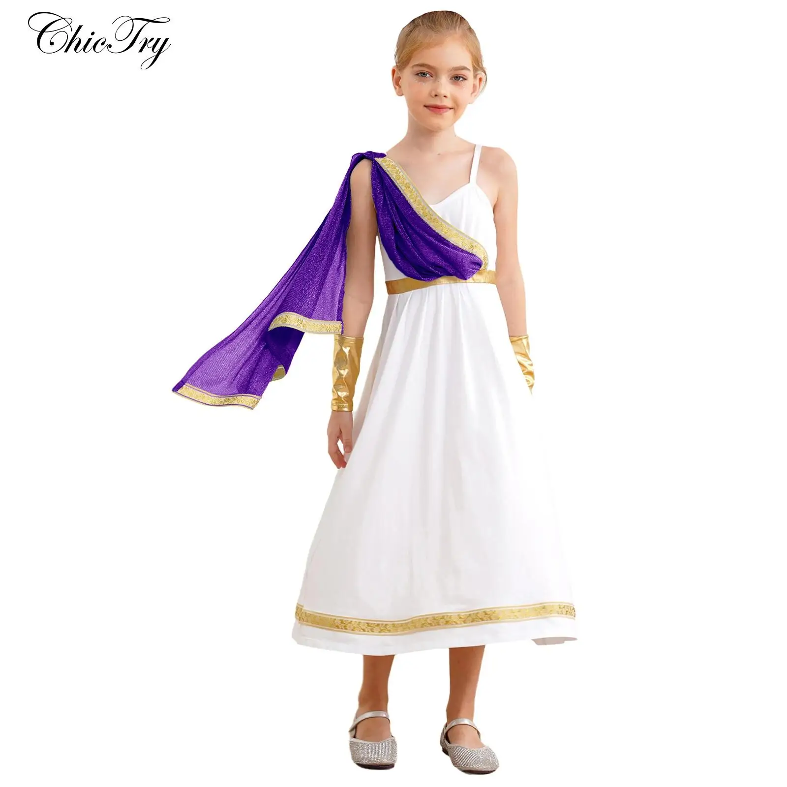 

Детский костюм древнегреческой принцессы для девочек, праздничное платье для косплея, платье на бретельках с высокой талией, карнавальное платье на Хэллоуин с рукавами