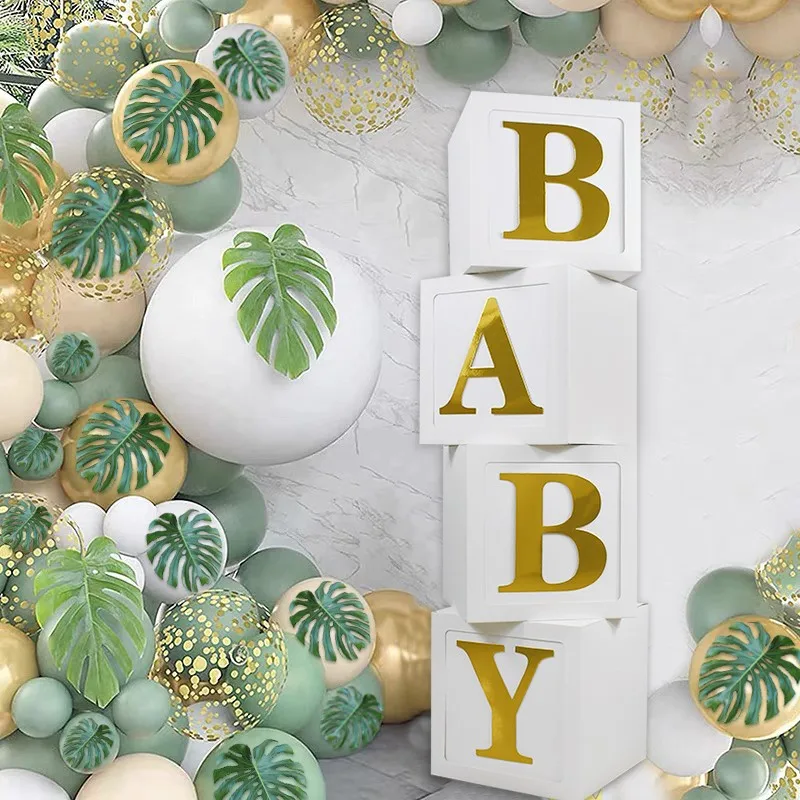 

White Blocks Boxes with Baby Letters Stickers for Baby Shower Gender Reveal Propose Balloon Decorations Birthday Party Decor