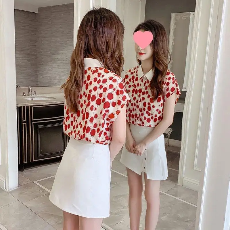 2023 New Summer Red Polka Dot Short Sleeves Korean Style Loose Fit Stylish Shirt Sweet Vintage Chiffon Top For Women