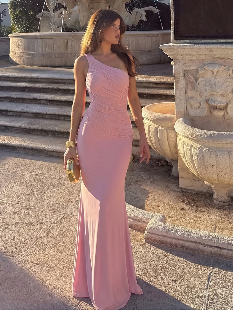 

Элегантное длинное платье Kliou с драпировкой, летнее, с асимметричным вырезом, без спинки, с декоративной лентой, с завышенной талией, однотонное, базовое, Vestidos