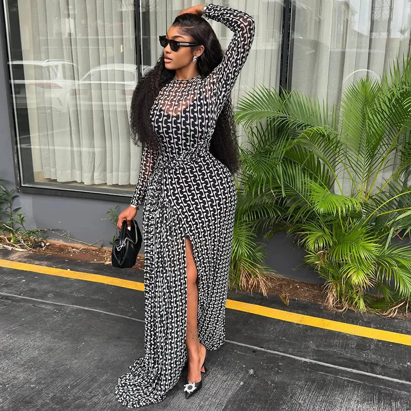 are mesh dresses in style 2025 Black Mesh Long Sleeve Maxi Dress Women Y2K Fall 2025