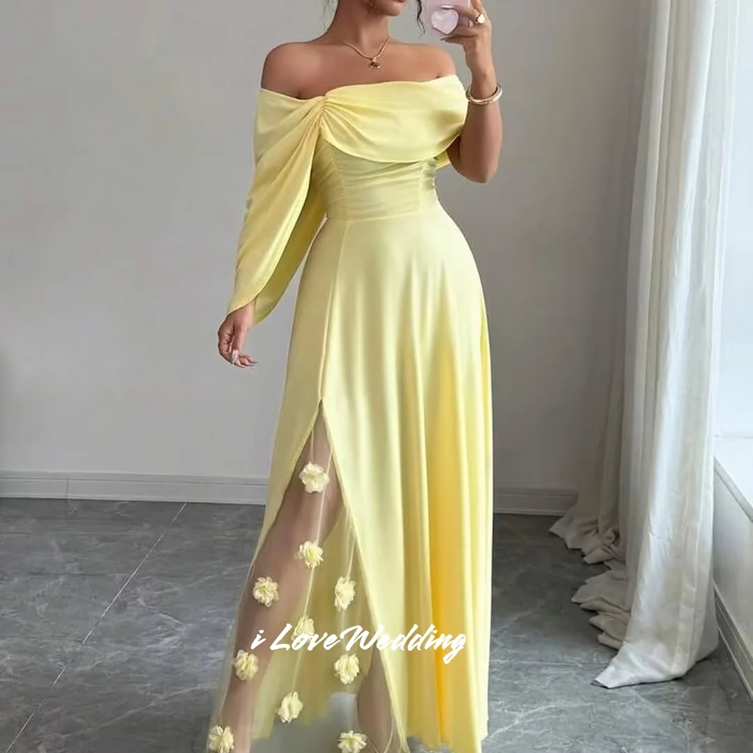 Vestidos de Noche amarillos con hombros descubiertos, satén 2025, manga larga, corte en A, flores 3D, plisado, largo hasta el suelo, vestido de fiesta de boda personalizado