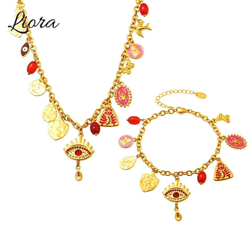 Liora Exclusive Necklace Bracelets For Women Stainless Steel Zircon Evil Eyes Butterfly Metal Texture Pendant Handmade Jewelry