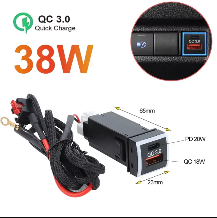 

PD3.0 Type-C & USB QC3.0 Car Quick Fast Charger Dual Port Phone Power Socket Quick Charge Mobile Phone Accessories For Toyota
