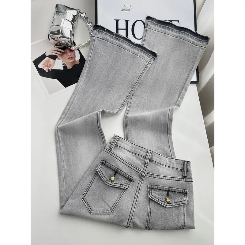 

Дымчато-серые слегка расклешенные джинсы для женщин, летние тонкие утягивающие брюки с высокой талией в форме копыта, потертые и потертые расклешенные брюки