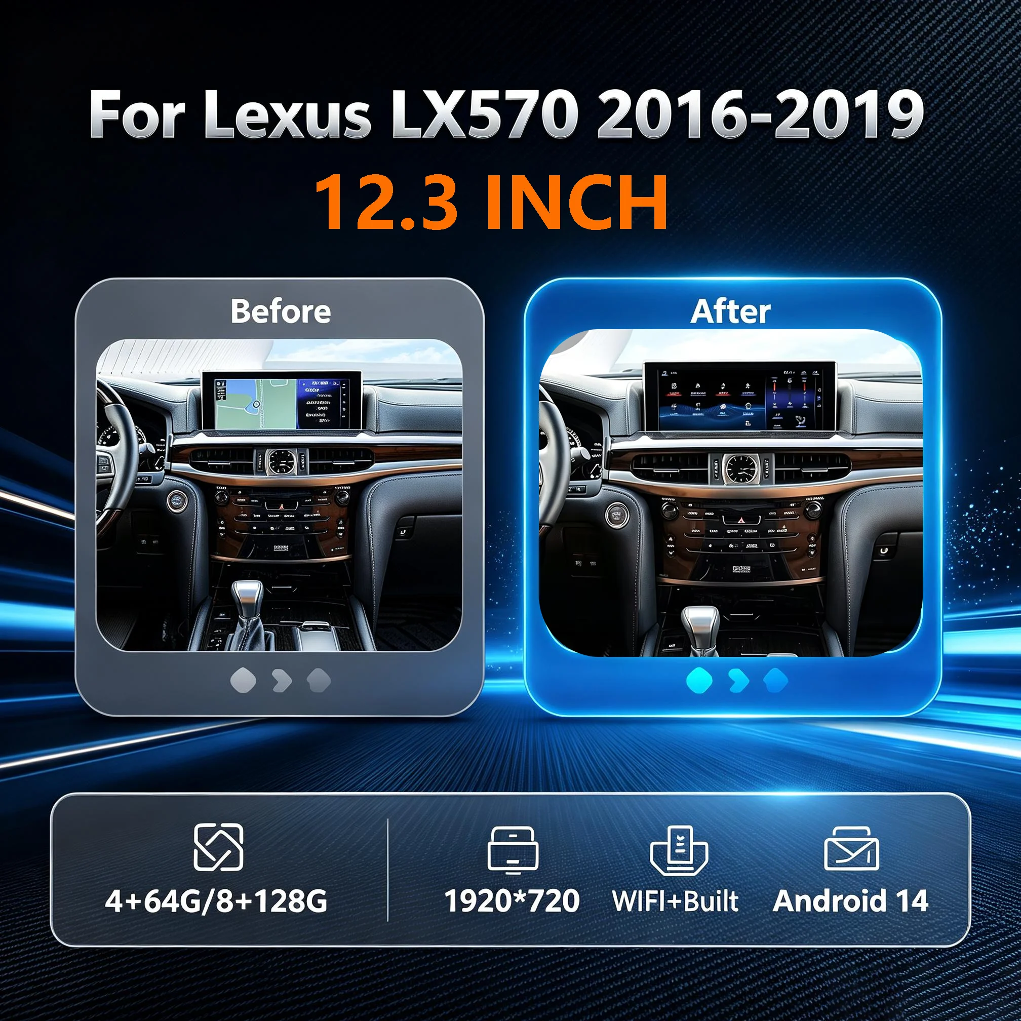 8G 128G 12.3 Inch Android 14 for Lexus LX570 2016-2019 Car Radio GPS Navigation Multimedia Player CarPlay Car Stereo
